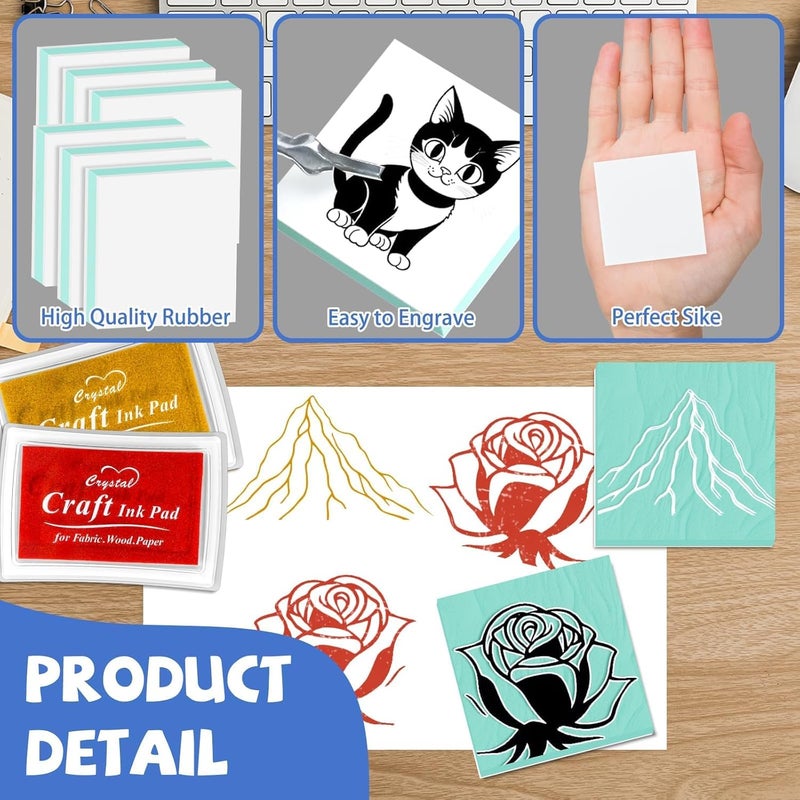 Oopsu 6pcs 2"x2" Rubber Carving Blocks, Linoleum Block Stamp Making Kit for Beginners - DIY Stamp Making, Printmaking Crafts (White & Green) - Image 4